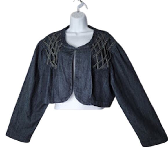 Ashley Stewart Plus 3X Denim Cropped Jacket Lattice Shoulder Detail Bolero Boho - Picture 1 of 8